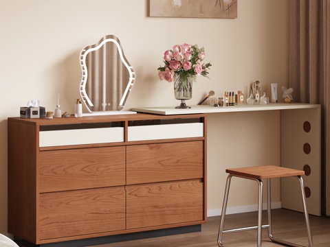  现代中古风奶油风实木梳妆台梳妆凳卧室梳妆台化妆品摆件绿植主卧3d模型 