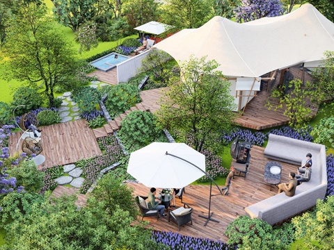 现代露营庭院景观  花园家庭乡村景观 农家乐外摆 餐饮外摆su模型