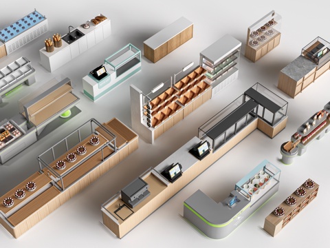 现代咖啡吧台 甜品店货架 收银台 服务台su模型