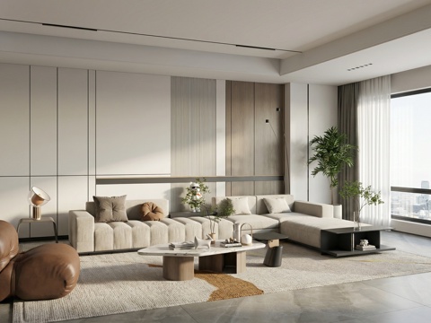  现代客厅_沙发茶几组合_多人沙发_懒人沙发_落地灯_雕塑摆件su模型 