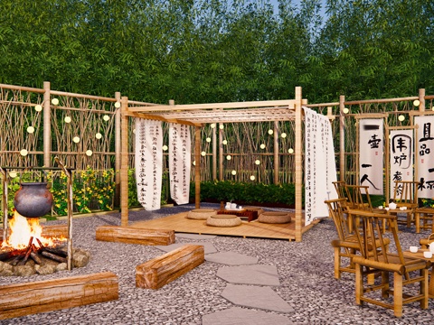 现代营地 营地茶馆外摆 营地禅意茶室su模型