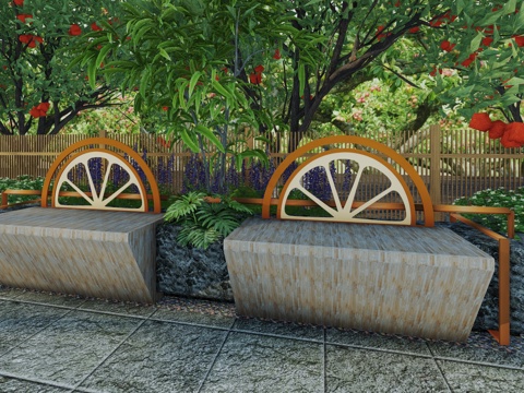 现代水果主题景观座椅户外休闲坐凳树池花坛橘子葡萄公共休息坐凳su模型