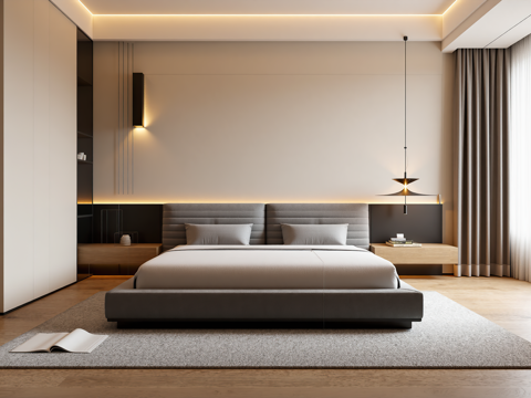  现代卧室 双人床 床头柜 吊灯 衣柜 地毯 窗帘 摆件3d模型 