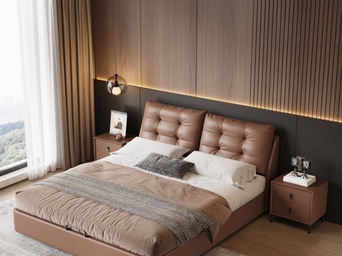  现代简约意式软包真皮双人床床头柜床品摆件卧室主卧3d模型 