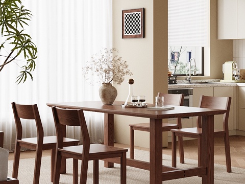  现代侘寂风实木餐桌椅组合摆件家具餐厅3d模型 