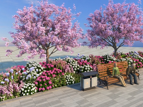  花卉花草组合 灌木 樱花树 景观绿植花草 室外鲜花绿化su模型 