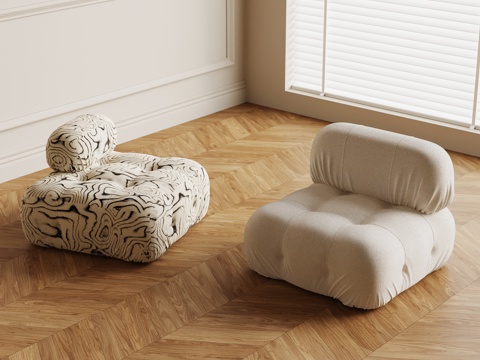  现代奶油风单人沙发 沙发凳su模型 