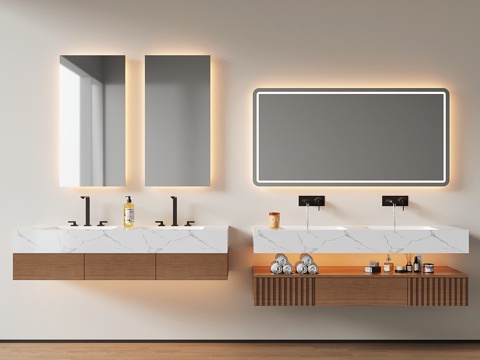  现代悬空浴室柜 洗手台 卫浴柜 双洗手池su模型 