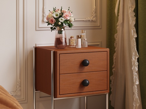  现代中古风实木床头柜花瓶摆件床头柜抽屉卧室主卧3d模型 