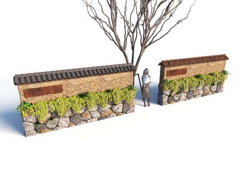 现代毛石挡墙 毛石景墙 生态景墙 挡墙景墙 夯土毛石墙su模型
