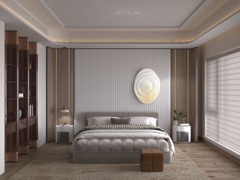  现代主卧卧室 双人床 背景墙 衣柜3d模型 