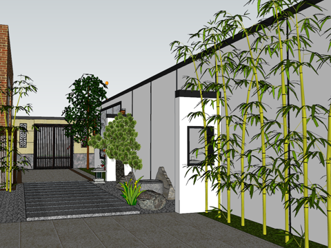 新中式别墅花园su模型