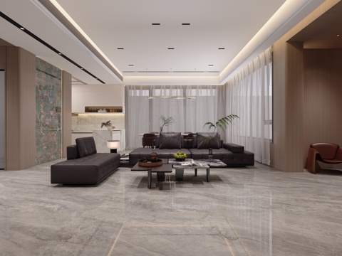  意式客餐厅 皮质沙发组合 影视墙 装饰性玄关 餐桌 吊灯3d模型 