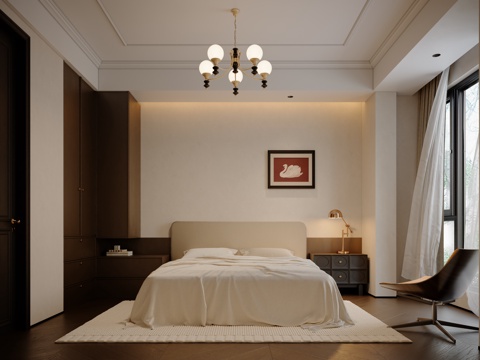  现代中古风卧室3d模型 