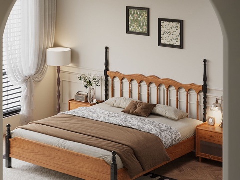  中古风奶油风实木床双人床床头柜床品卧室主卧3d模型 