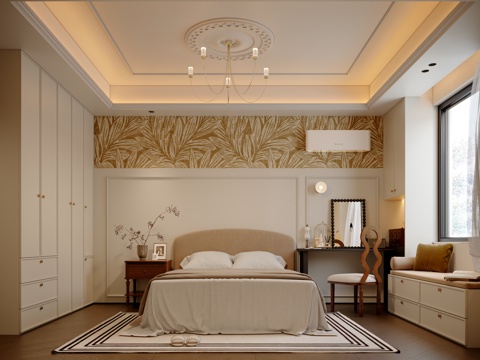  美式奶油女孩房卧室3d模型 