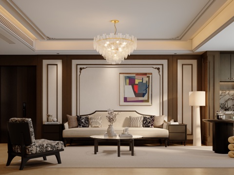  美式中古风客厅3d模型 