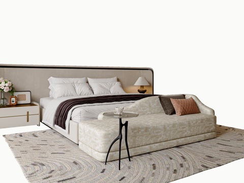 轻奢双人床 床尾凳 床头柜 主卧双人床3d模型