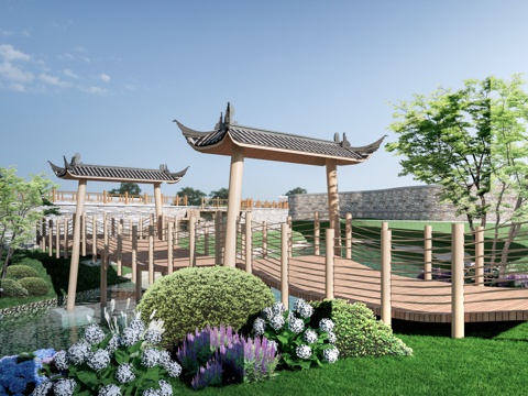  现代景观吊桥 景区吊桥 木栈桥su模型 