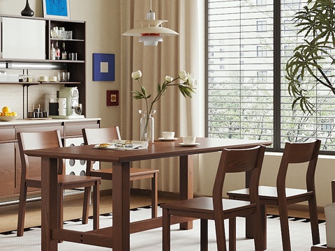  现代中古风实木餐桌椅组合餐边柜家具餐厅3d模型 