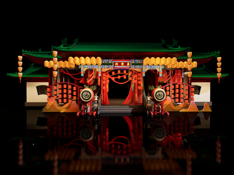 网红打卡国潮古风古镇集市su模型