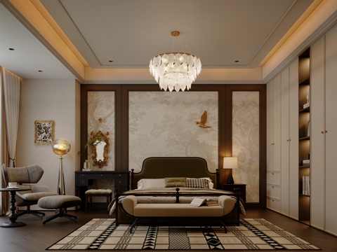  美式主卧室3d模型 