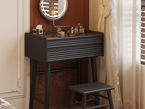  现代中古风奶油风实木梳妆台化妆品摆件卧室主卧3d模型 