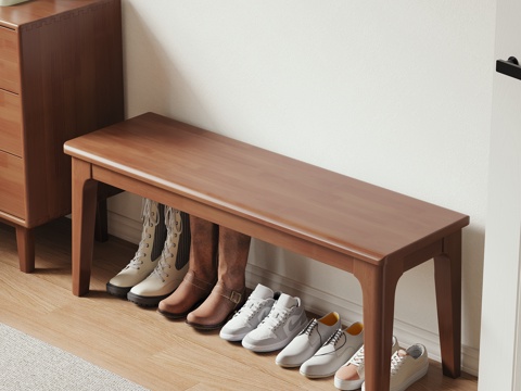  现代北欧胡桃色换鞋凳斗柜鞋子摆件家具3d模型 