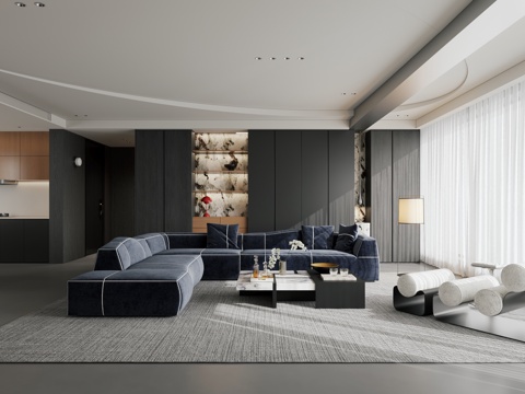  现代极简客厅 意式极简客厅 大平层 黑白客厅3d模型 