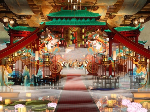 新中式网红打卡 国潮中餐厅 宴会婚礼 美陈舞台su模型