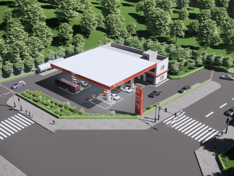 现代小型加油站 小公建 加油站su模型