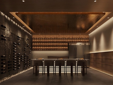 新中式酒窖 酒庄 酒柜 吧台吧椅su模型