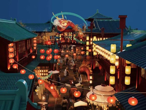 网红打卡国潮古风古镇集市su模型