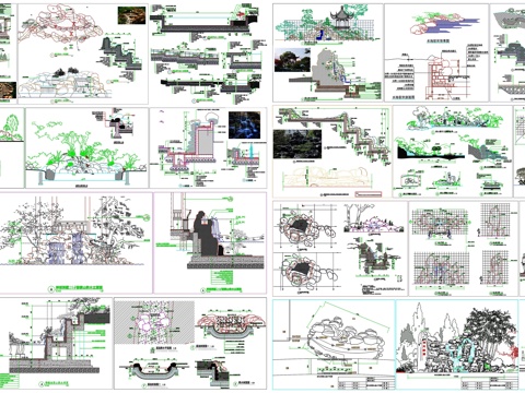 庭院假山水景别墅假山跌水溪流水景叠石详图节点CAD素材图库cad施工图