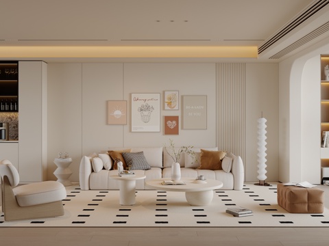  现代奶油风客厅 沙发茶几 多人沙发 挂画 地毯3d模型 