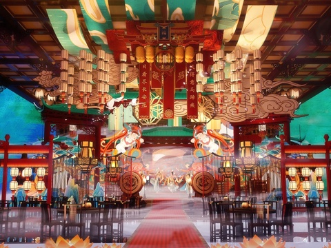 新中式国潮古风古镇 灯会节庆美陈 婚宴美陈 国潮美陈舞台su模型