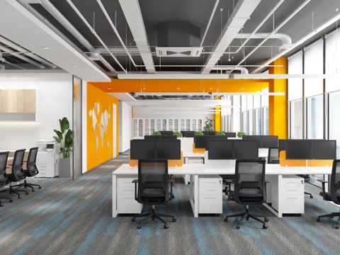  现代开敞办公区 钢木结合办公桌 会议区 茶水打印区 钢制文件3d模型3d模型 