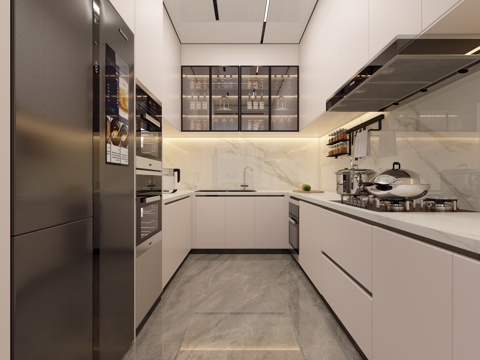  现代厨房 开放式厨房 U型厨房 电器高柜3d模型 