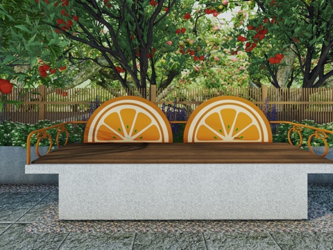 现代水果主题景观座椅户外休闲坐凳树池花坛橘子葡萄公共休息坐凳su模型