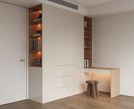  现代衣柜梳妆台一体 衣柜转角书桌 平开门衣柜 开放格衣柜su模型 