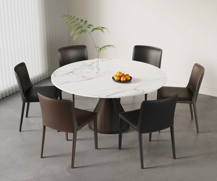 现代意式餐桌 圆形餐桌 餐桌椅组合su模型