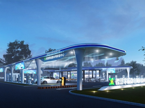 现代智能光伏充电停车场 户外停车场 充电站su模型 