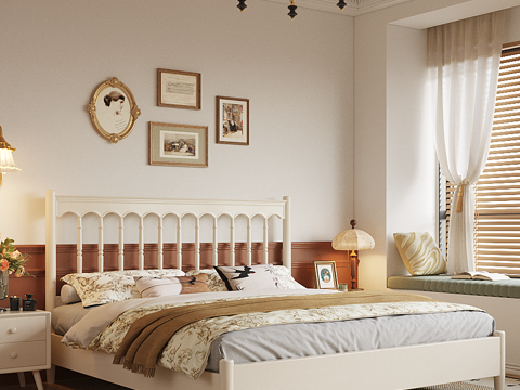  现代中古风奶油风双人床床品床头柜摆件卧室主卧3d模型 