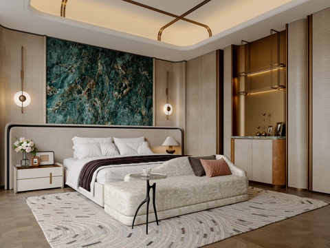  轻奢卧室 主卧 轻奢双人床 轻奢玄关柜 卧室背景墙 床尾凳3d模型 