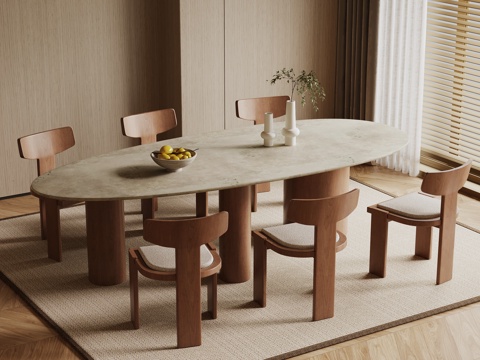  侘寂中古餐桌椅su模型 