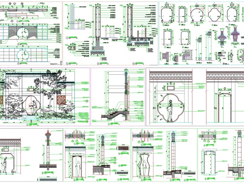 门洞月洞门宝瓶门海棠门景墙剖面做法工艺详图节点CAD素材图库cad施工图