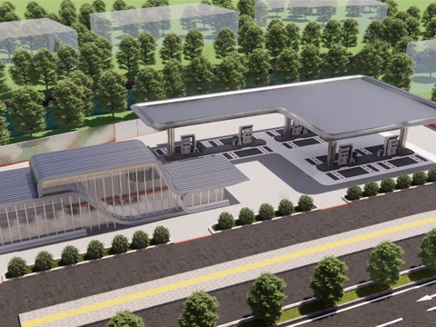 现代加油站 加气站 加油机 加油站便利店su模型