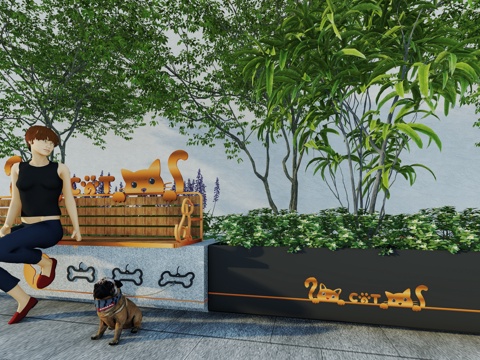 现代景观座椅户外宠物休息站休闲坐凳萌宠公共休息区树池花坛爱宠su模型