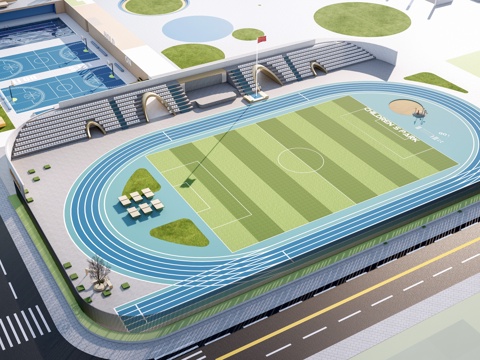  现代学校体育场 运动场 足球场 篮球场su模型 