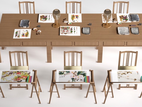  现代刺绣工作台 刺绣工艺品 刺绣展台su模型 